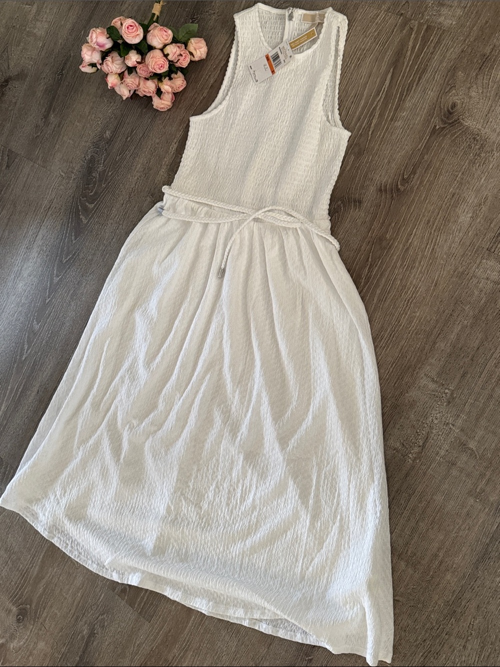 Michael Kors Sport Summer White Sleeveless Textured Maxi Dress with Tie Waist
